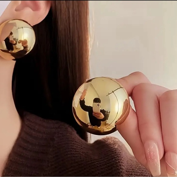 Gold Button Stud Earrings - Picture 11 of 13